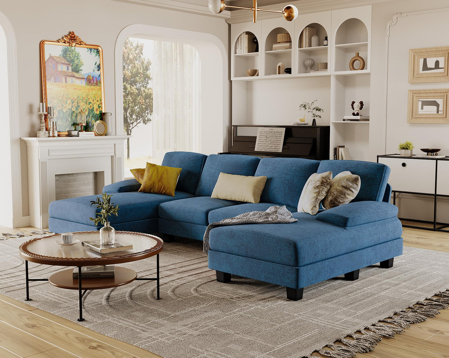 Furmax Sectional Couches for Living Room, U-Shaped Sofa Couch with Linen Fabric, 4 Seat Sofa Set with Double Chaise for Apartment (Fabric, Grey)