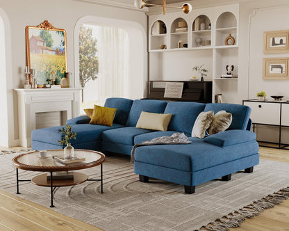 Furmax Sectional Couches for Living Room, U-Shaped Sofa Couch with Linen Fabric, 4 Seat Sofa Set with Double Chaise for Apartment (Fabric, Grey)