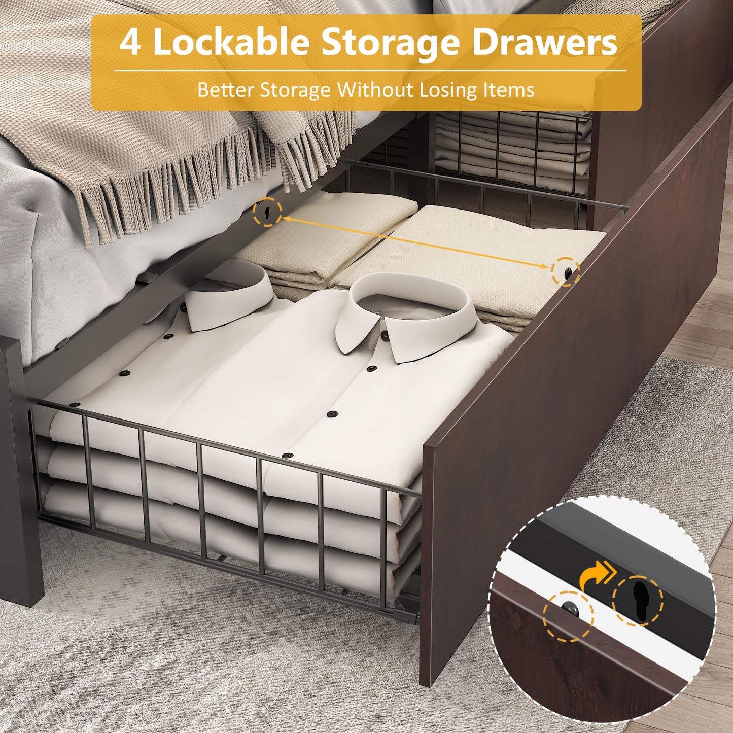 Lifezone Queen Bed Frame with 2-Tier Storage Headboard, Metal Platform Bed Frame with 4 Storage Drawers, Built in Charging Station & LED, Noise-Free/Metal Support/No Box Spring Needed, Vintage Brown