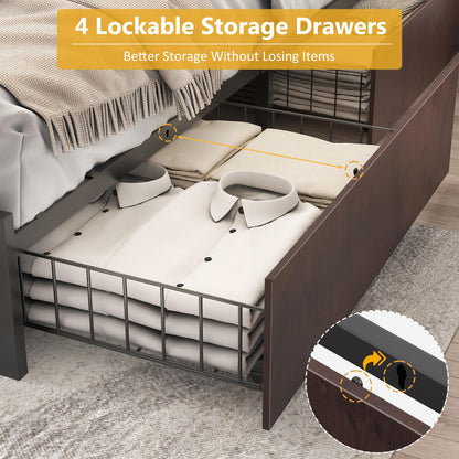 Lifezone Queen Bed Frame with 2-Tier Storage Headboard, Metal Platform Bed Frame with 4 Storage Drawers, Built in Charging Station & LED, Noise-Free/Metal Support/No Box Spring Needed, Vintage Brown