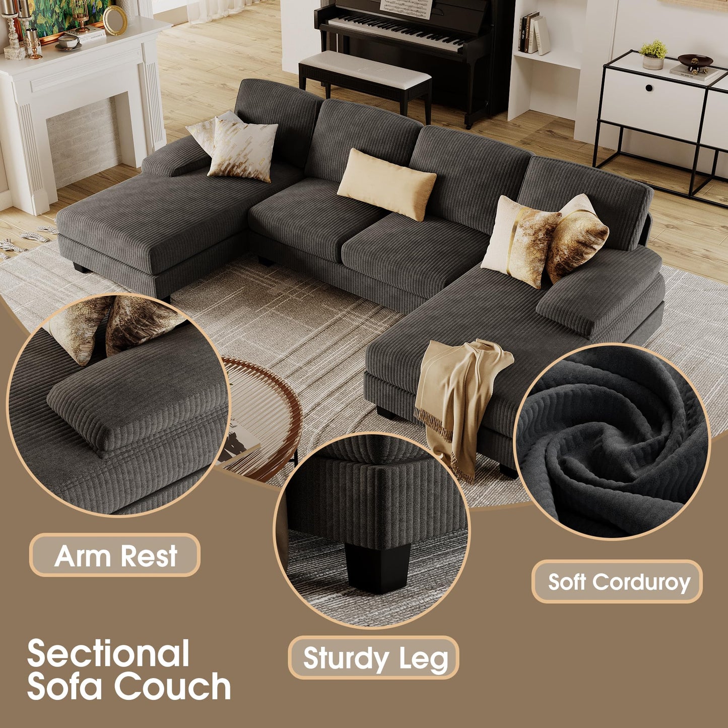 Furmax Sectional Couches for Living Room, U-Shaped Sofa Couch with Linen Fabric, 4 Seat Sofa Set with Double Chaise for Apartment (Fabric, Grey)
