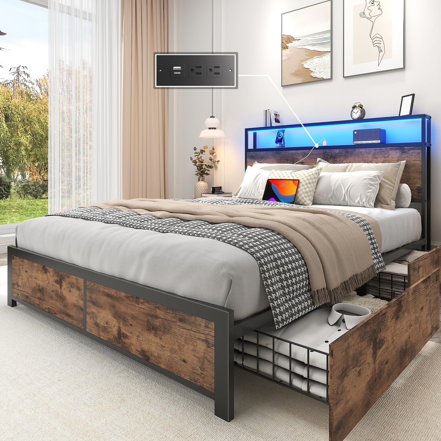 Lifezone Queen Bed Frame with 2-Tier Storage Headboard, Metal Platform Bed Frame with 4 Storage Drawers, Built in Charging Station & LED, Noise-Free/Metal Support/No Box Spring Needed, Vintage Brown