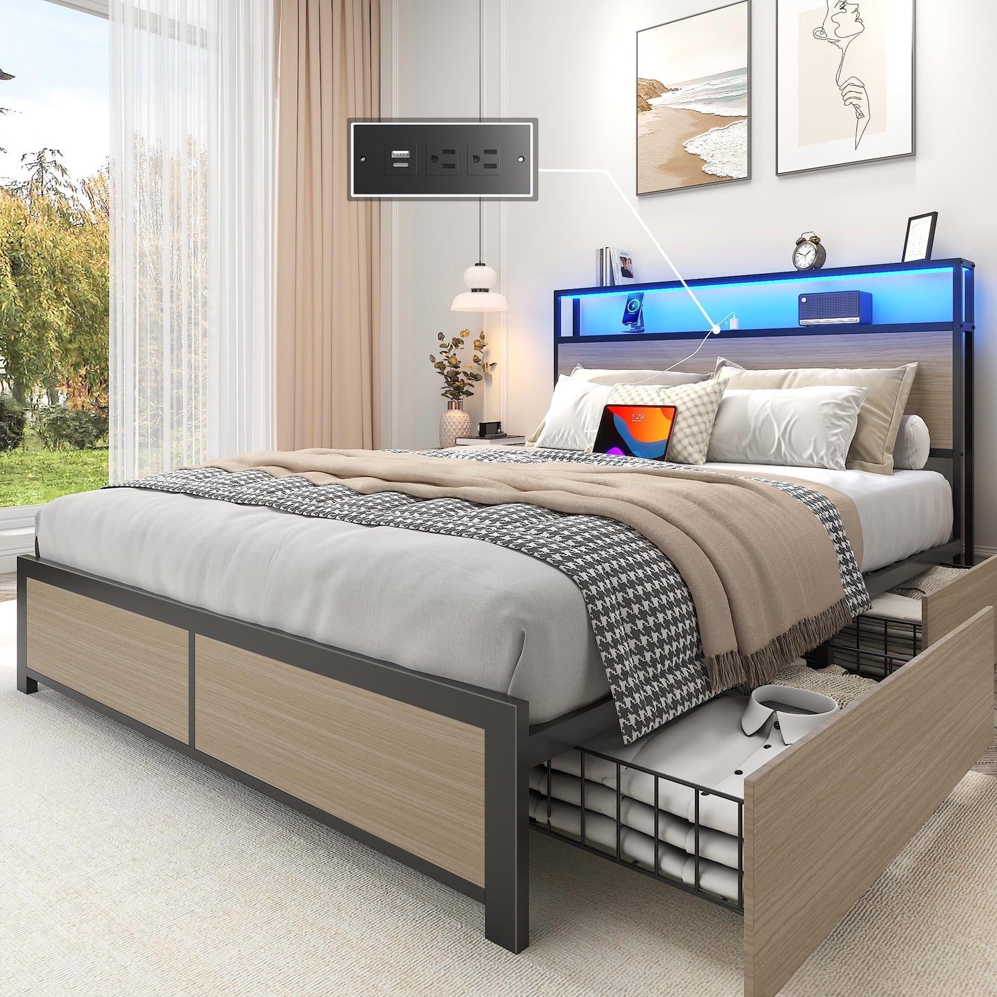 Lifezone Queen Bed Frame with 2-Tier Storage Headboard, Metal Platform Bed Frame with 4 Storage Drawers, Built in Charging Station & LED, Noise-Free/Metal Support/No Box Spring Needed, Vintage Brown