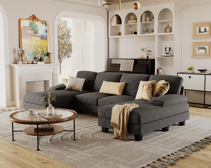 Furmax Sectional Couches for Living Room, U-Shaped Sofa Couch with Linen Fabric, 4 Seat Sofa Set with Double Chaise for Apartment (Fabric, Grey)