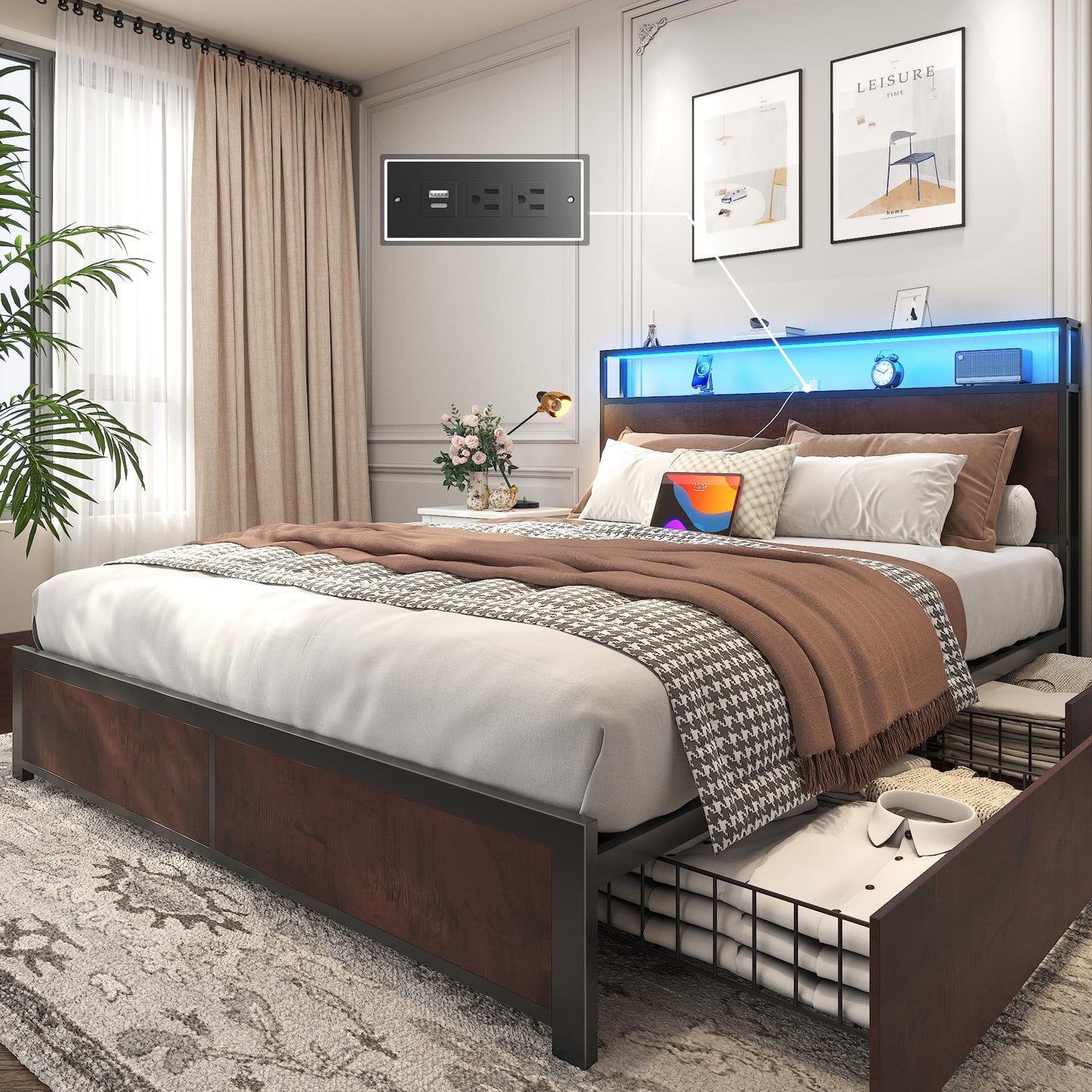 Lifezone Queen Bed Frame with 2-Tier Storage Headboard, Metal Platform Bed Frame with 4 Storage Drawers, Built in Charging Station & LED, Noise-Free/Metal Support/No Box Spring Needed, Vintage Brown