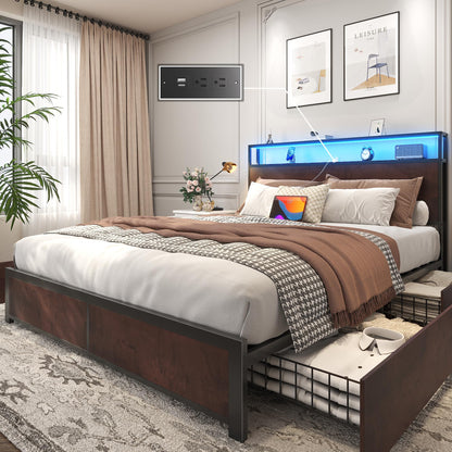 Lifezone Queen Bed Frame with 2-Tier Storage Headboard, Metal Platform Bed Frame with 4 Storage Drawers, Built in Charging Station & LED, Noise-Free/Metal Support/No Box Spring Needed, Vintage Brown