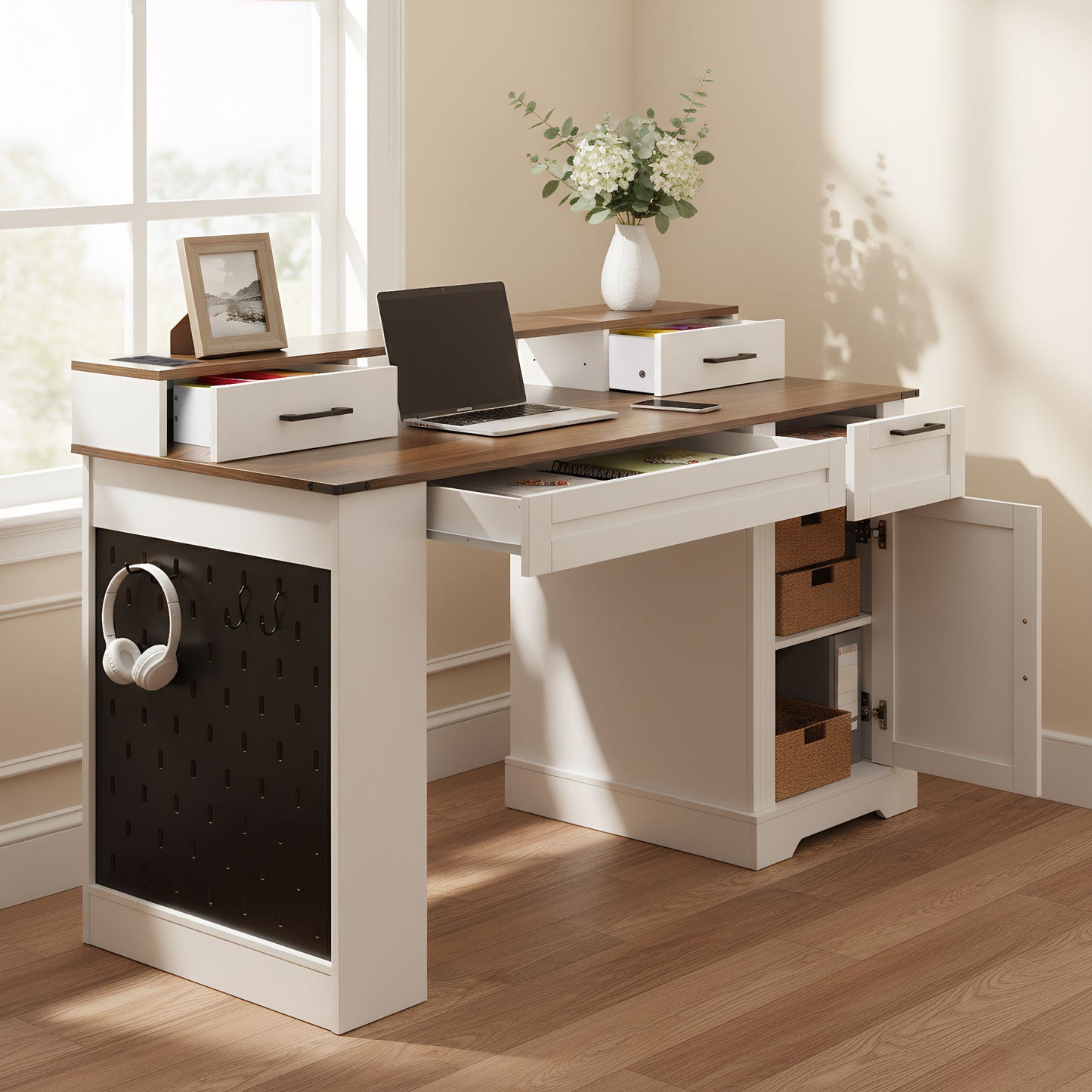 Office Desk With Storage Cabinet, Charging Station, Monitor Stand & Pegboard