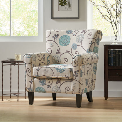 Upholstered Chair With Floral Pattern Design And Solid Wood Legs - Multi Color
