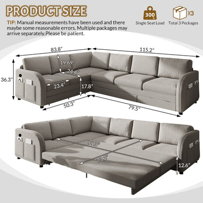 L-Shaped Couch With Pull-Out Bed, Convertible Sleeper Sofa With Side Pocket & USB Port