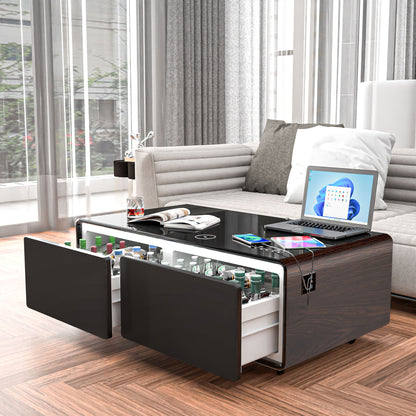 Modern Smart Coffee Table With Built-In Fridge, Bluetooth Speaker, Wireless Charging Module, Touch Control Panel, Power Socket, USB Interface, Outlet Protection, Atmosphere Light