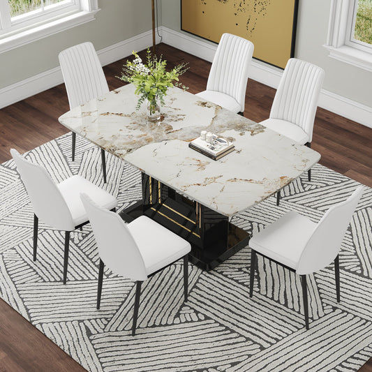 7 Piece Faux Marble Dining Table Set, Glass Rectangular Kitchen Table For 6 - 8, Modern Faux Marble Dining Room Table With MDF Base, Dining Table & 6 Chairs - White