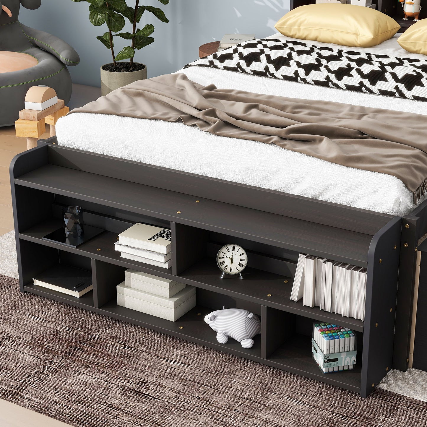 Bed With Bookcase Headboard, Under Bed Storage Drawers And Bed End Storage Case