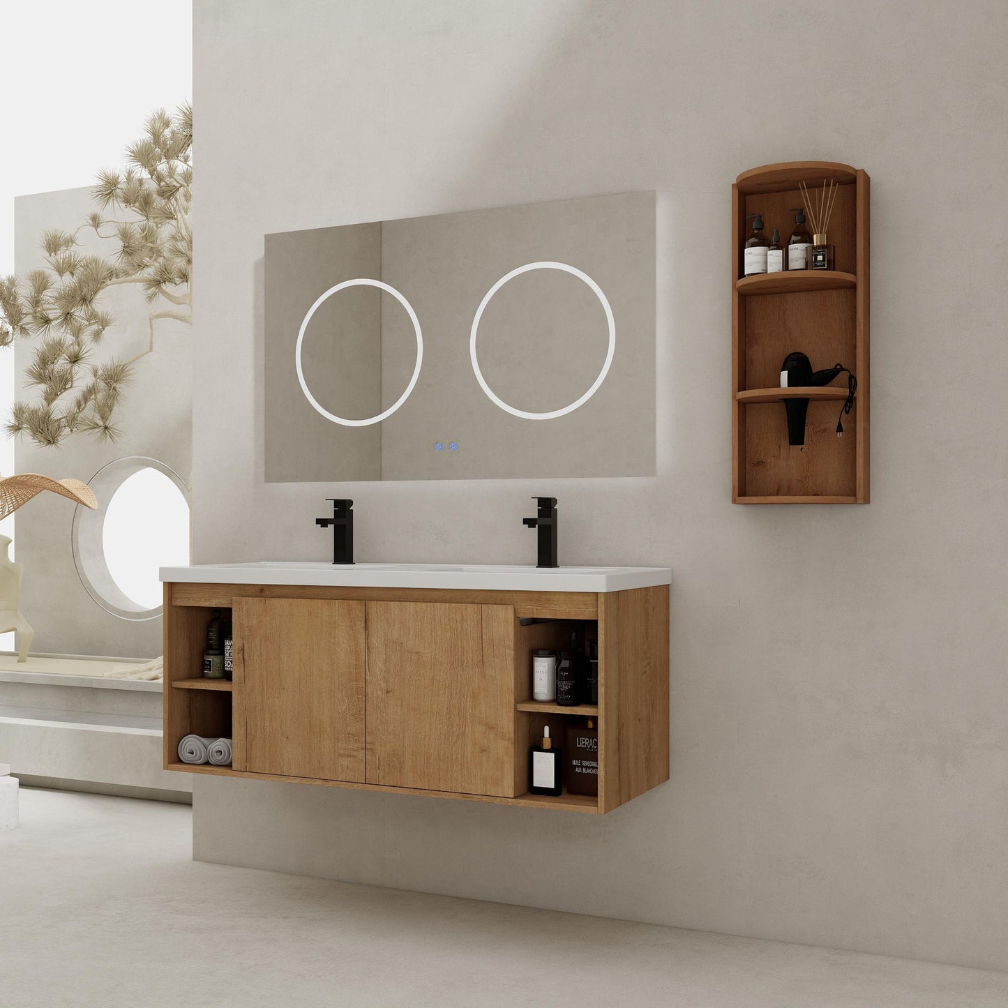Modern 48" Wall Mounted Bathroom Vanity With Double Resin Sink And Storage Rack Soft Close Doors - Imitative Oak
