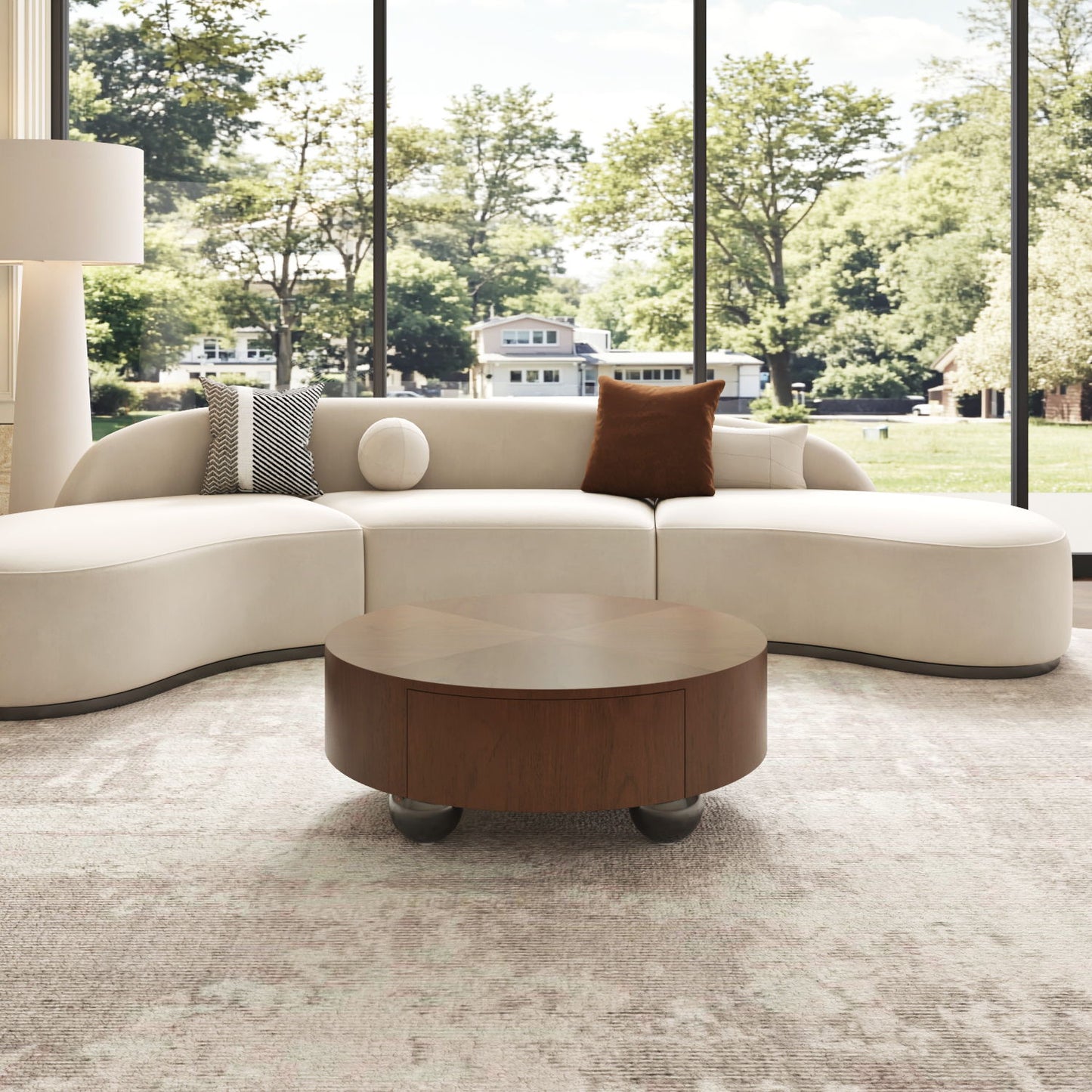 Drum Shaped Coffee Table With Hidden Storage Drawer, Low Profile For Living Room - Walnut