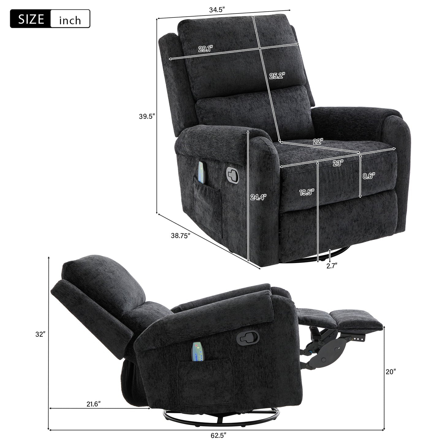 Manual Recliner Massage Chair With Swivel Rocker, 8 Massage Modes, Side Storage Pocket