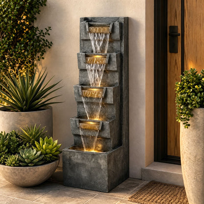 4 Tier Cascading Waterfall Fountain With Warm LED Lights, For Patio - Gray