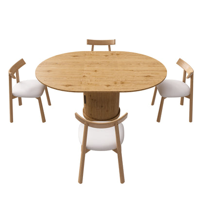Extendable Oval Dining Table Set With 4 Cushioned Chairs, 2 Tier Storage - Oak