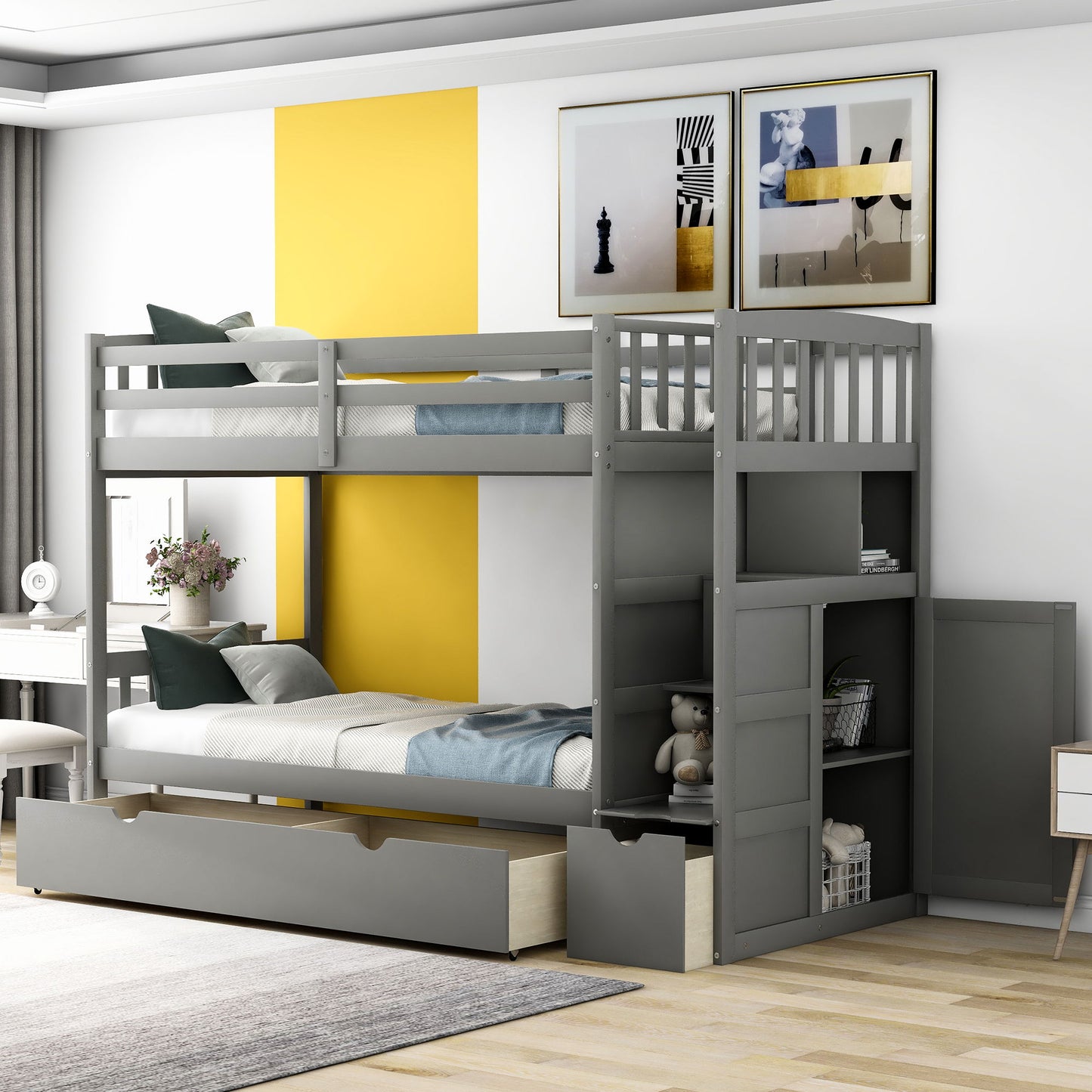 Bunk Bed, Convertible Bottom Bed, Storage Shelves And Drawers