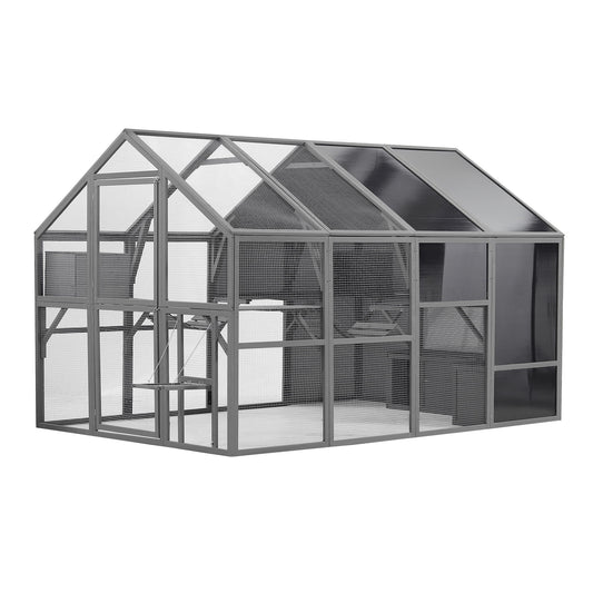 Luxury Cat Cage Outdoor Wooden Catio Enclosure Patio Large Cat Run House For Multiple Pets Walk In Kitten Kennel With Bouncy Bridge, Platforms, Small Houses, Seating And Sunshine Panel - Gray