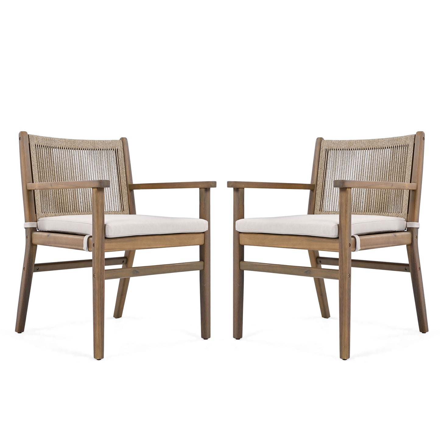 Outdoor Dining Chairs, Patio Armchair With Rope Design Back (Set of 2) - Light Brown