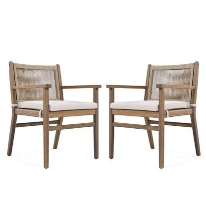 Outdoor Dining Chairs, Patio Armchair With Rope Design Back (Set of 2) - Light Brown