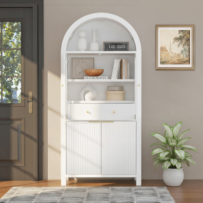 Fluted Tall Arched Pantry Cabinet With Adjustable Shelves, Glass Door & Hidden Drawer For Kitchen