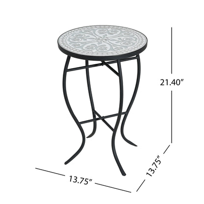 Outdoor Round Side Table With Mosaic Style Top And Curved Iron Legs