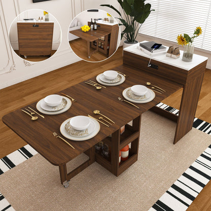 Extendable Dining Table With Power Socket, Lockable Casters, Storage Cabinet