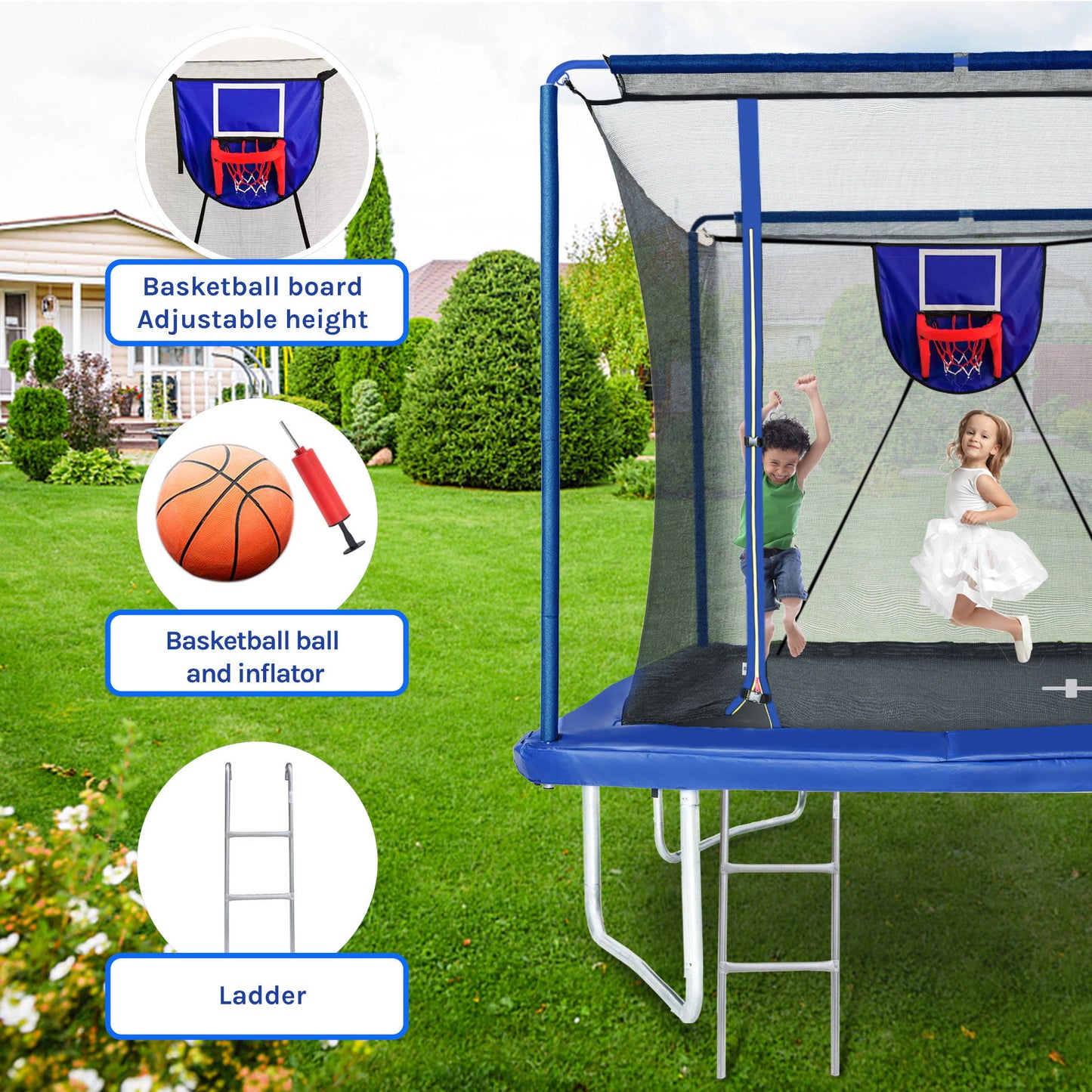 New Yc 8Ft By 12Ft Rectangular Trampoline With Basketball Board, Ball Inflater And Ladd Astm Standard Tested And Cpc Certified - Blue