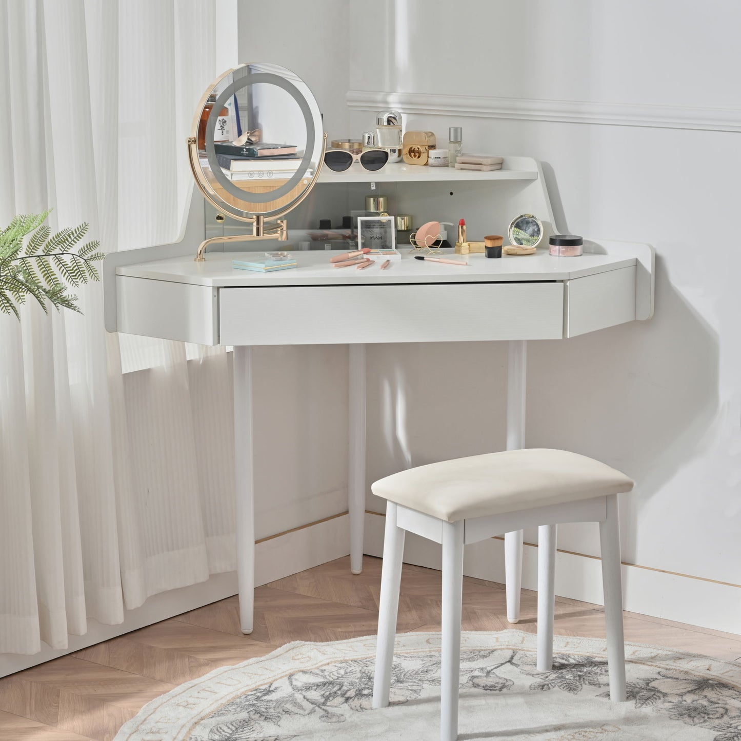 Modern Corner Makeup Vanity Desk With Large Storage, LED Mirror & Stool, Adjustable Brightness, Space Saving - White