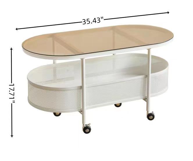 Movable Oval Metal Glass Coffee Table With Storage - White