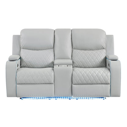 Elonzo - Power Motion Loveseat With Console, LED, Power Headrest & Speaker - Light Gray
