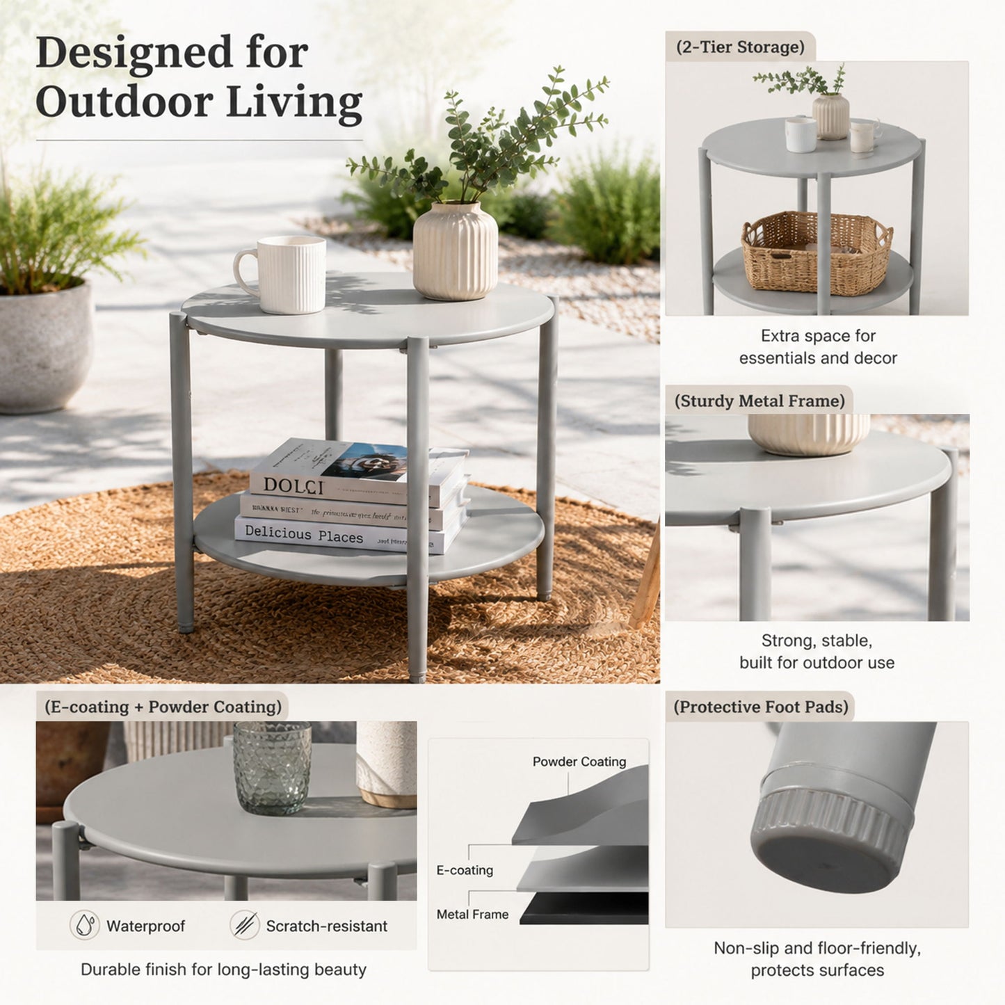 Round Outdoor Coffee Table With Shelf For Garden - Gray