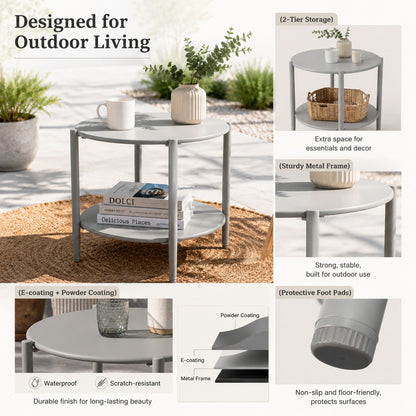 Round Outdoor Coffee Table With Shelf For Garden - Gray
