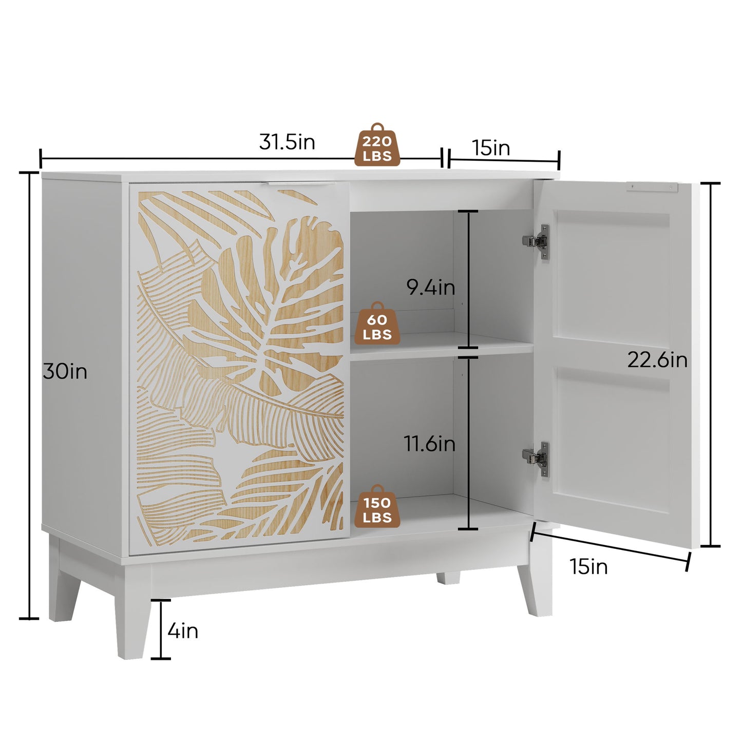 Vintage Carved Buffet Cabinet With Adjustable Shelves, Wooden Decorative Sideboard - White