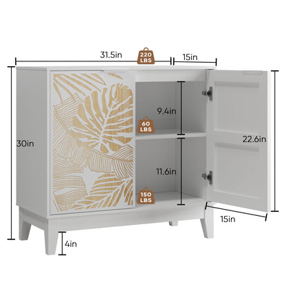 Vintage Carved Buffet Cabinet With Adjustable Shelves, Wooden Decorative Sideboard - White