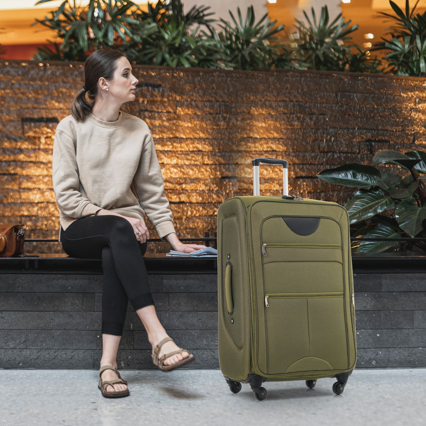 Softside Luggage Expandable 3 Piece Set Upright Spinner Lightweight Travel Suitcase 22" / 26" / 30" - Army Green