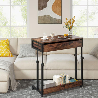 Portable Laptop Desk With Drawer & Wheels, Height Adjustable, Storage Shelf - Brown / Black