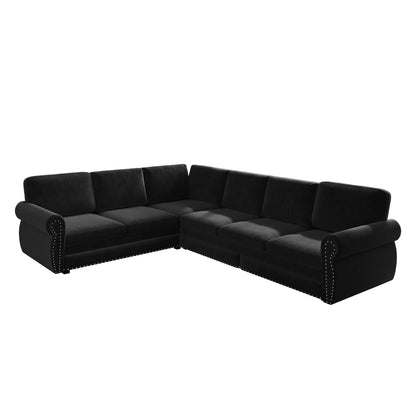 L-Shaped Sofa Couch With Pull Out Bed With Nailhead Trim & Rolled Arm