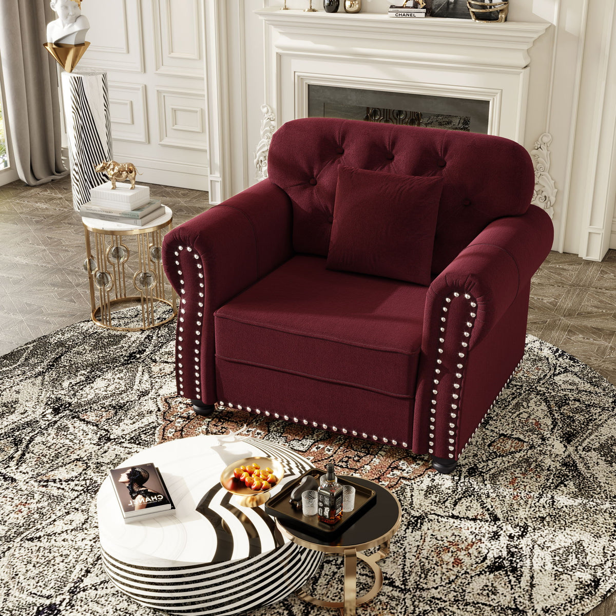Upholstered Sofa With Nailhead Trim And Rolled Armrests, Includes 1 Pillows - Burgundy
