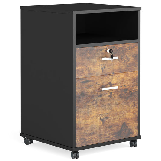 2 Drawer Mobile File Cabinet With Lock, Rolling Printer Stand For Letter Size Files - Black / Brown