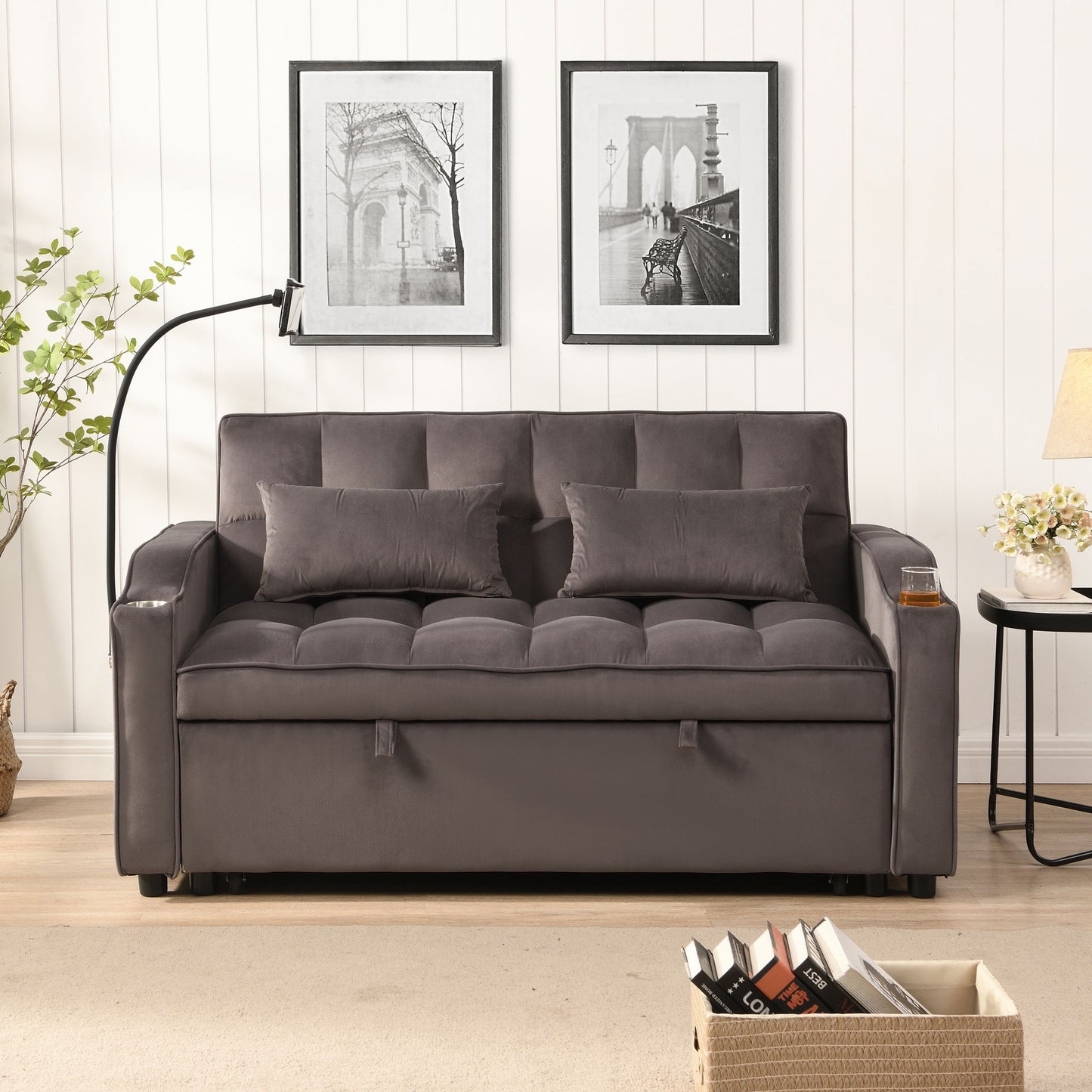 Modern Velvet Loveseat With Pullout Bed, Adjustable Reclining Backrest