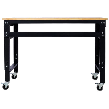 Wide Rolling Workbench For Garage, Adjustable Height, Workshop Tool Bench, Metal With Rubber Wood Top