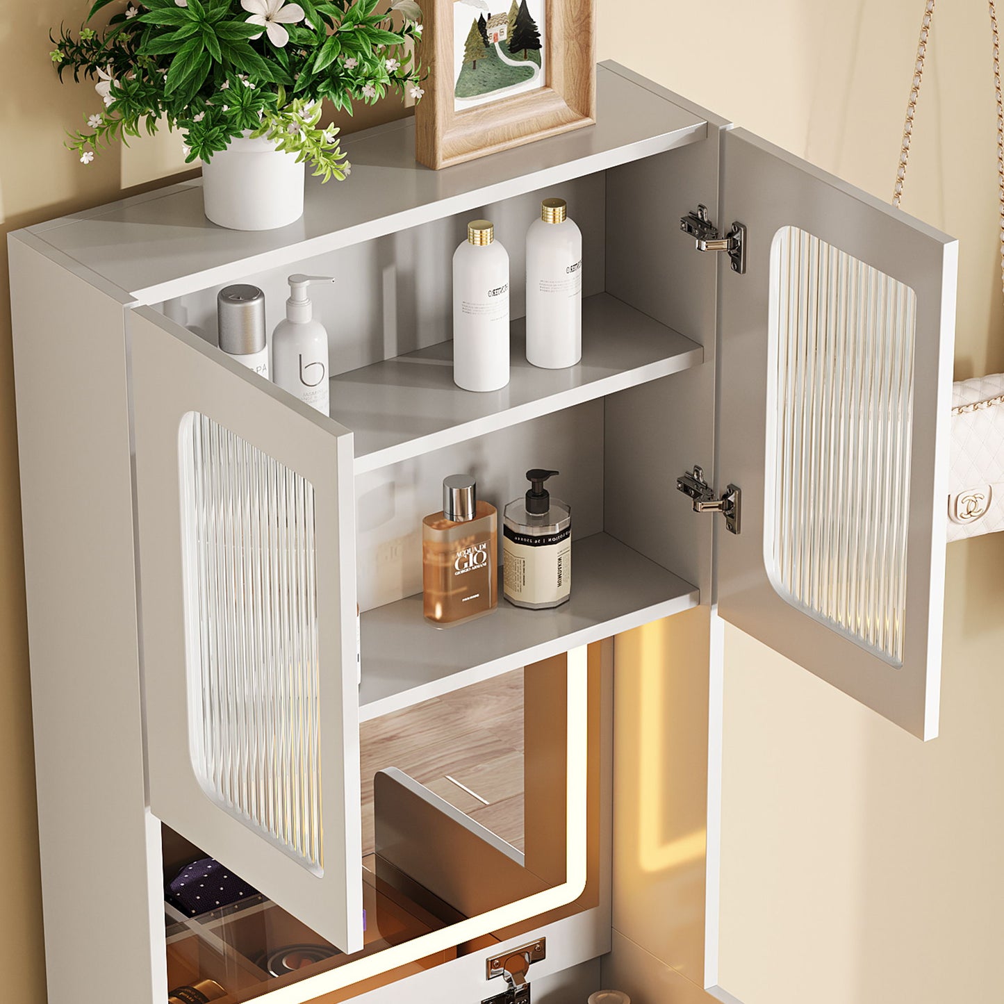 3 In 1 Vanity Table With LED Mirror & Storage Stool For Bedroom