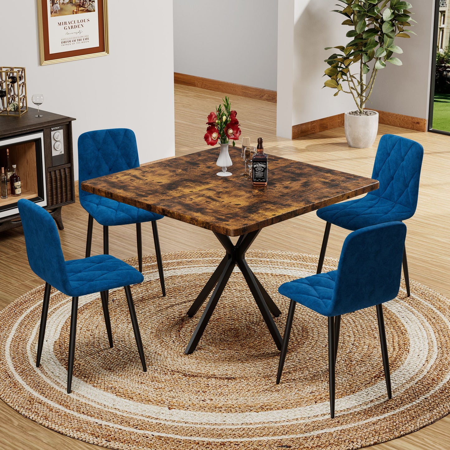 Mid Century Modern Square Dining Table Set With Faux Marble Tabletop And Iron Legs For 4, Space Saving Design - Brown / Blue