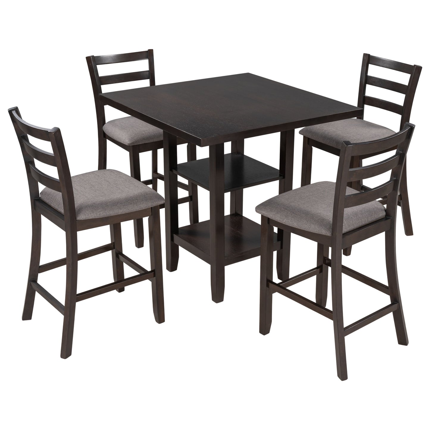 5 Piece Wooden Counter Height Dining Set With Padded Chairs, Storage Shelving