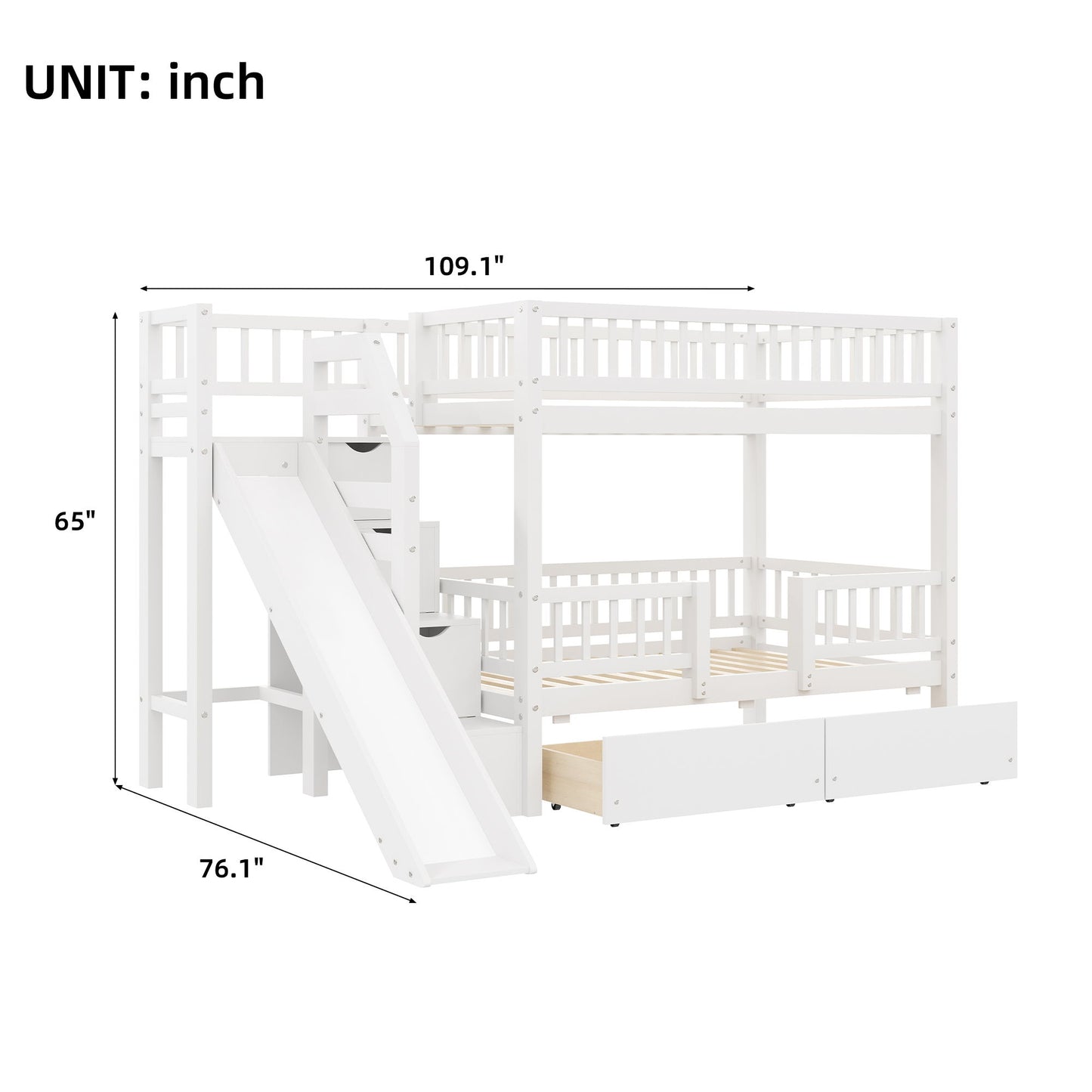 Bunk Bed With Storage Staircase, Slide And 2 Drawers