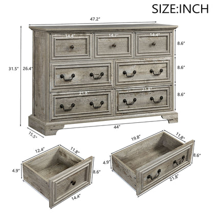 Farmhouse Vintage 7 Drawers Dresser With Natural Texture