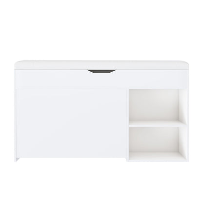 Modern Design Entryway Bench With Adjustable 3 Tier Flip-Up Drawers And Hidden Cabinet - White