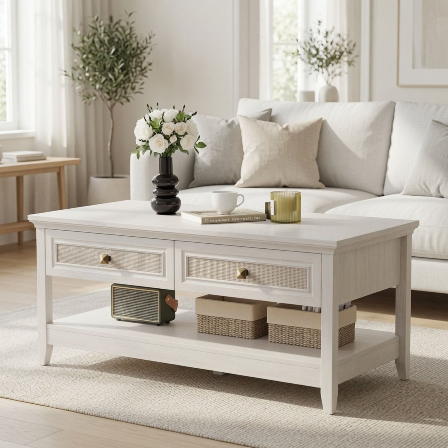 Coffee Table With Drawers & Storage Shelf - White